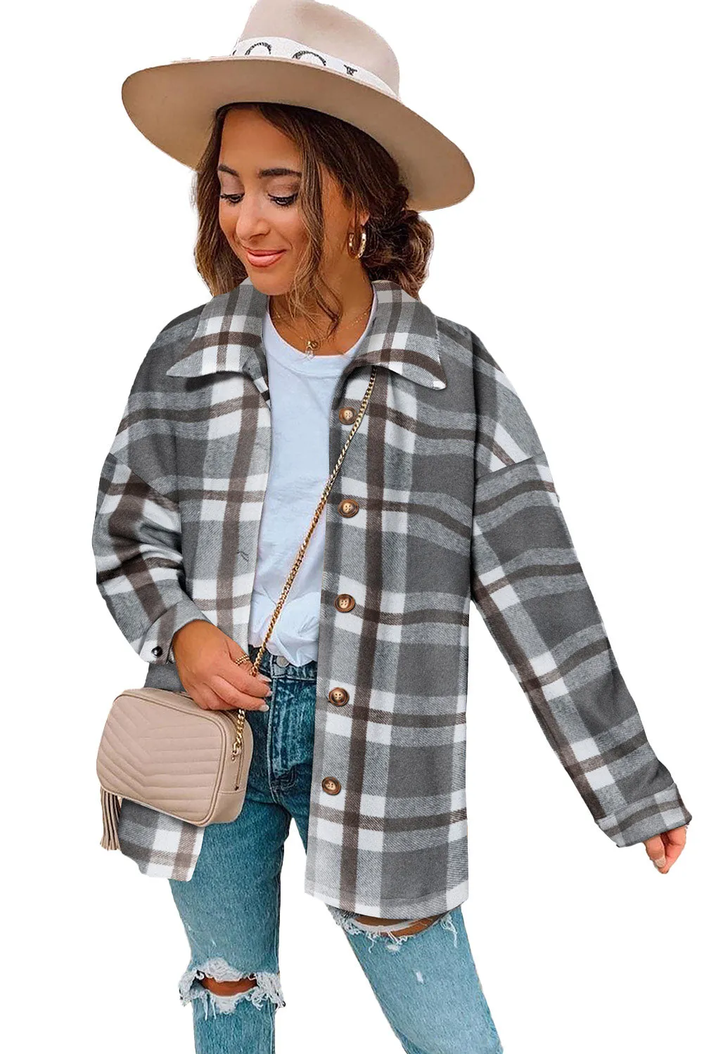 Women's Flannel Plaid Jacket Long Sleeve Buttoned Shirts Coats Shacket