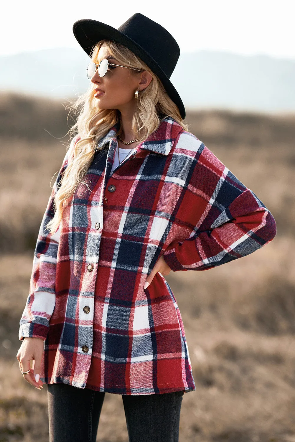 Women's Flannel Plaid Jacket Long Sleeve Buttoned Shirts Coats Shacket