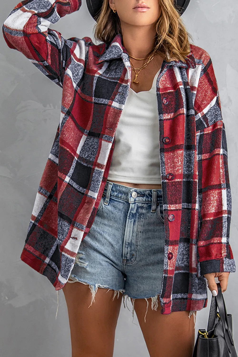 Women's Flannel Plaid Jacket Long Sleeve Buttoned Shirts Coats Shacket