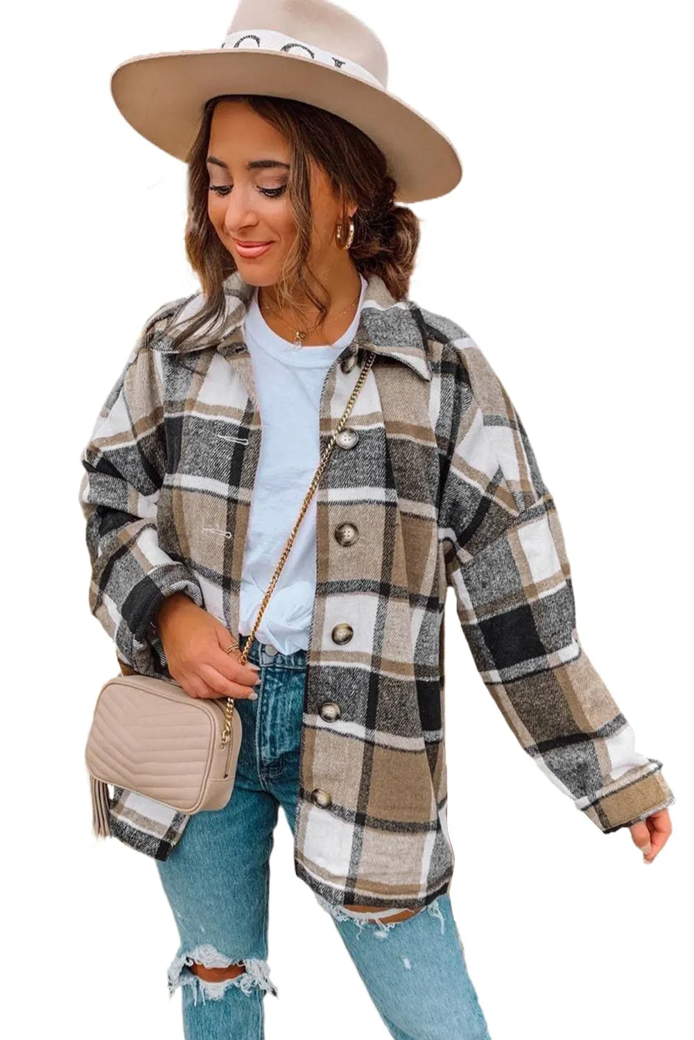 Women's Flannel Plaid Jacket Long Sleeve Buttoned Shirts Coats Shacket