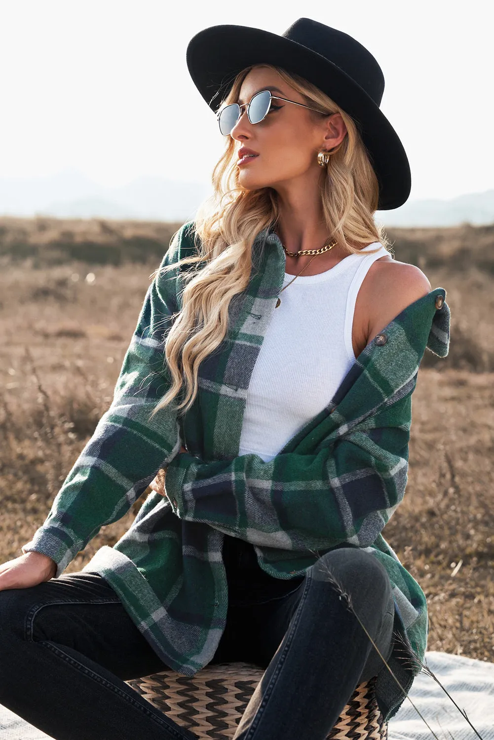 Women's Flannel Plaid Jacket Long Sleeve Buttoned Shirts Coats Shacket