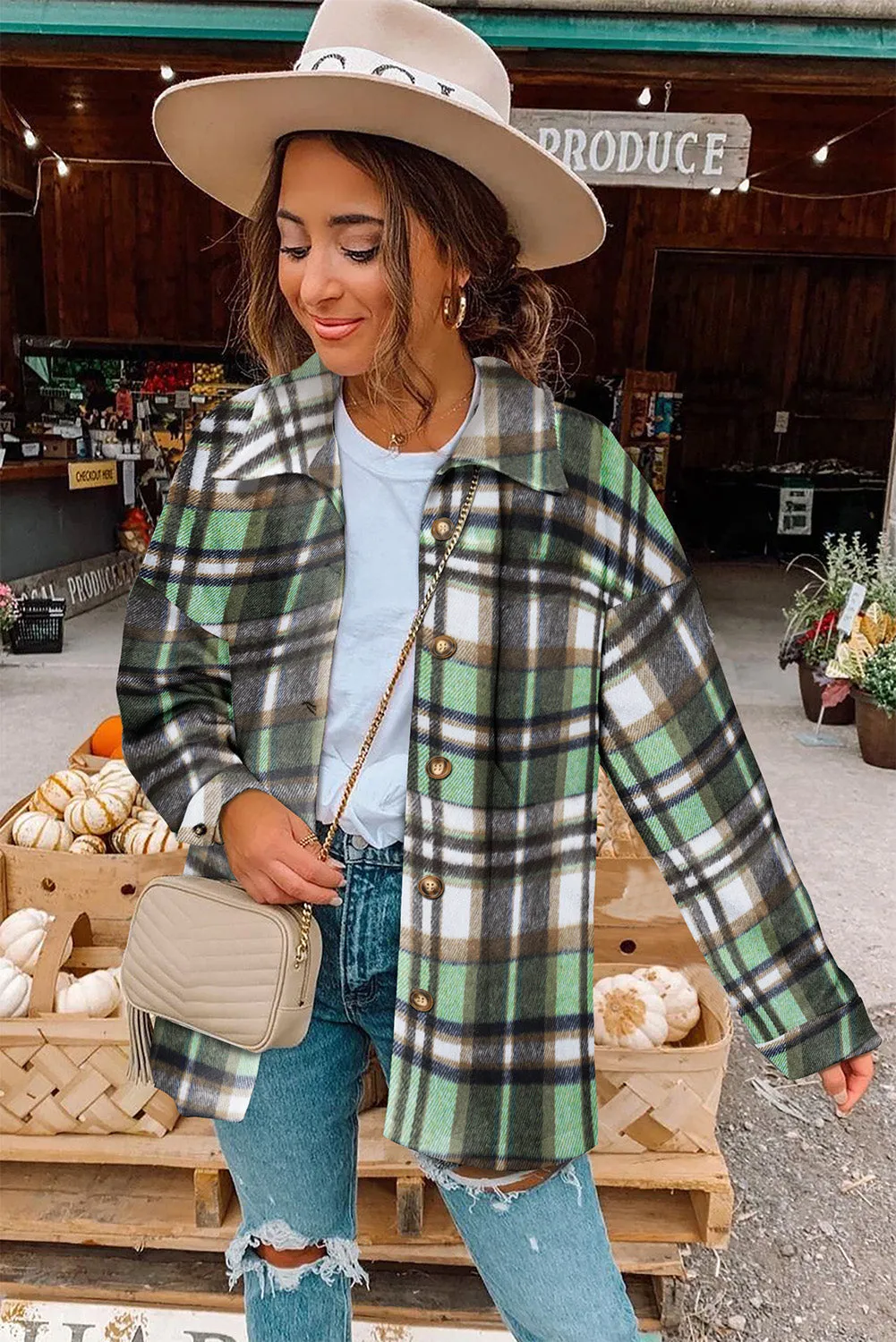 Women's Flannel Plaid Jacket Long Sleeve Buttoned Shirts Coats Shacket