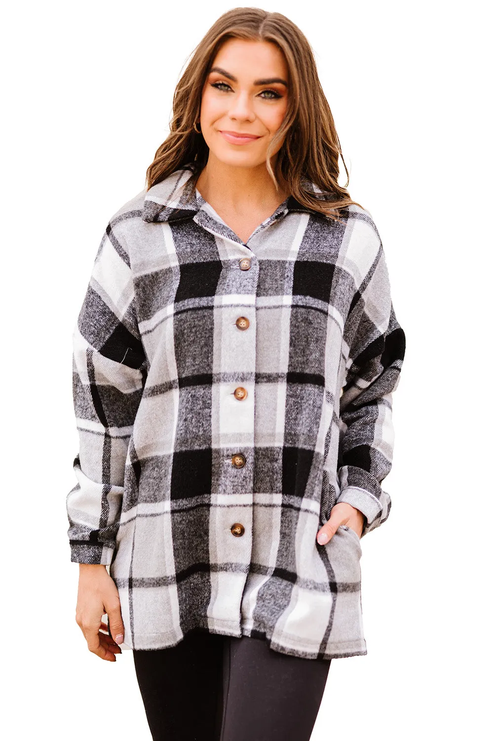 Women's Flannel Plaid Jacket Long Sleeve Buttoned Shirts Coats Shacket