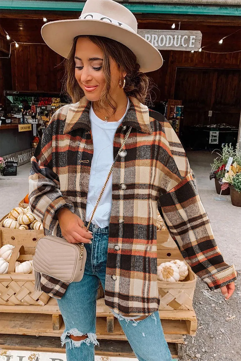 Women's Flannel Plaid Jacket Long Sleeve Buttoned Shirts Coats Shacket