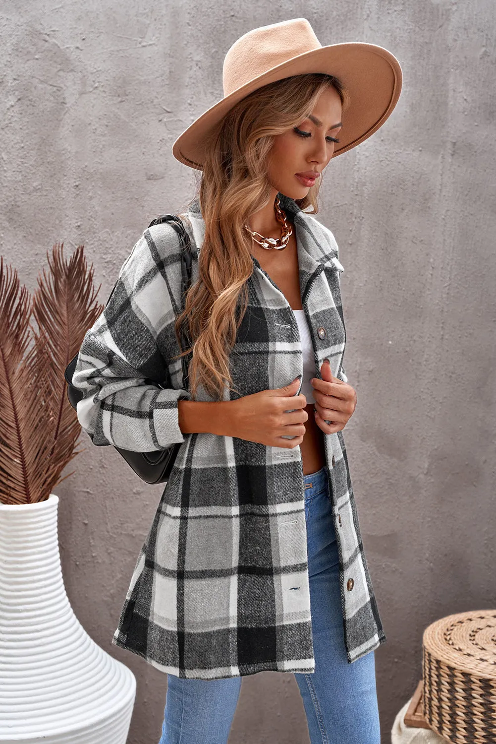 Women's Flannel Plaid Jacket Long Sleeve Buttoned Shirts Coats Shacket