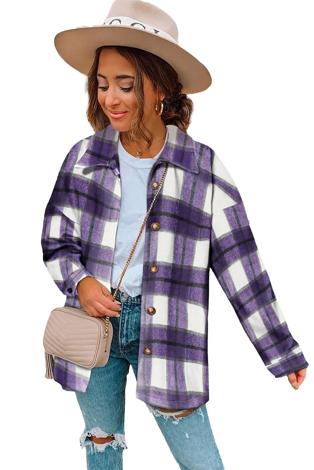 Women's Flannel Plaid Jacket Long Sleeve Buttoned Shirts Coats Shacket