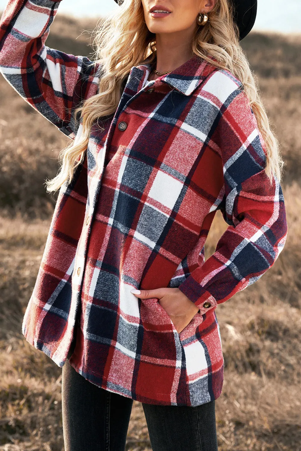 Women's Flannel Plaid Jacket Long Sleeve Buttoned Shirts Coats Shacket