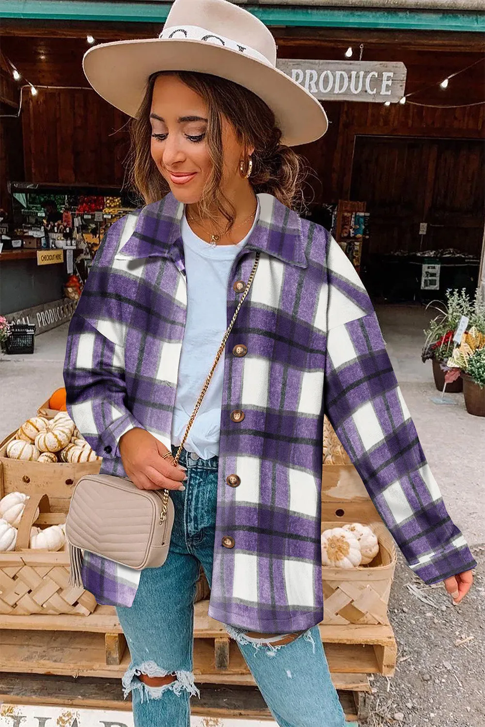 Women's Flannel Plaid Jacket Long Sleeve Buttoned Shirts Coats Shacket