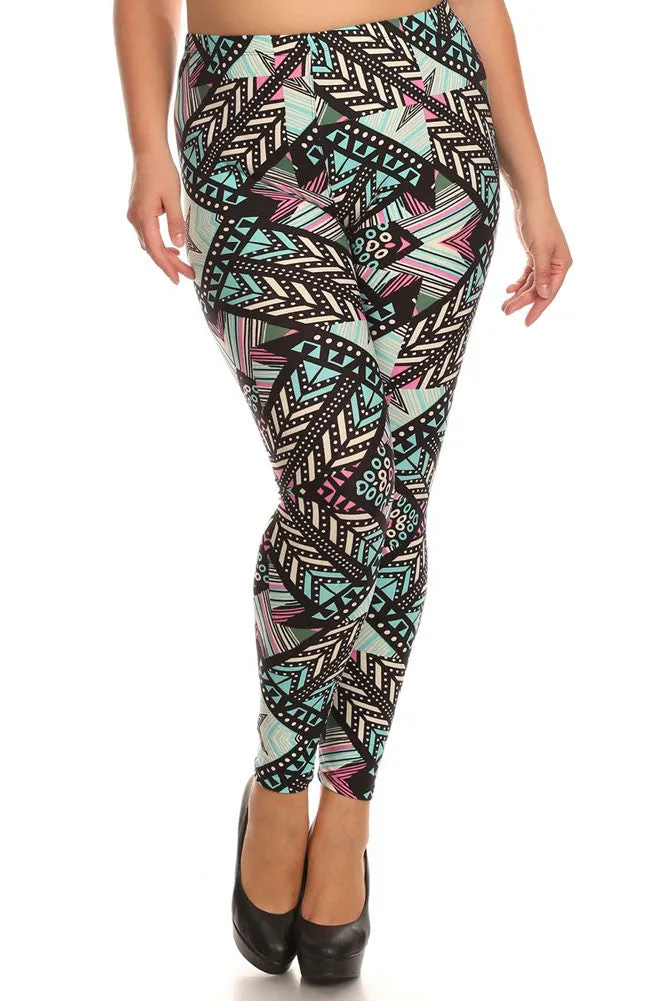 Women's Plus Feather and Stripe Pattern Print Leggings - Black Sky