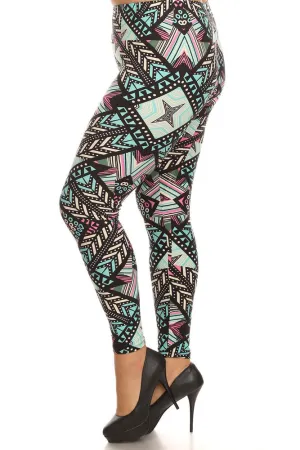 Women's Plus Feather and Stripe Pattern Print Leggings - Black Sky