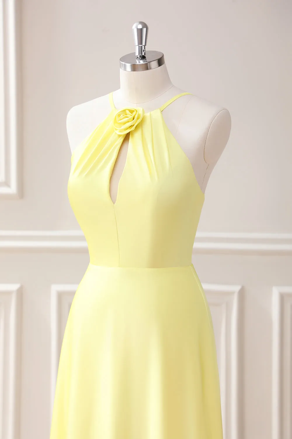 Yellow A Line Halter Cut Out Maxi Dress with Flower