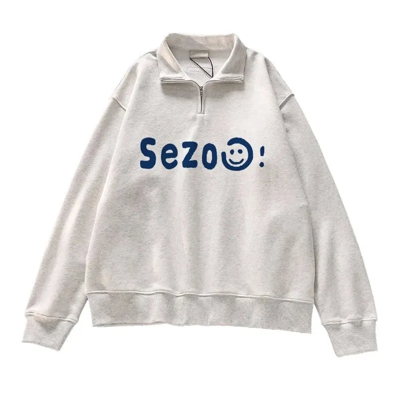 Zipper Polo Neck Lovely Letter Printing Women Hoodies Basic Simple Casual Fashion Pure Color High Street Female Hoodies